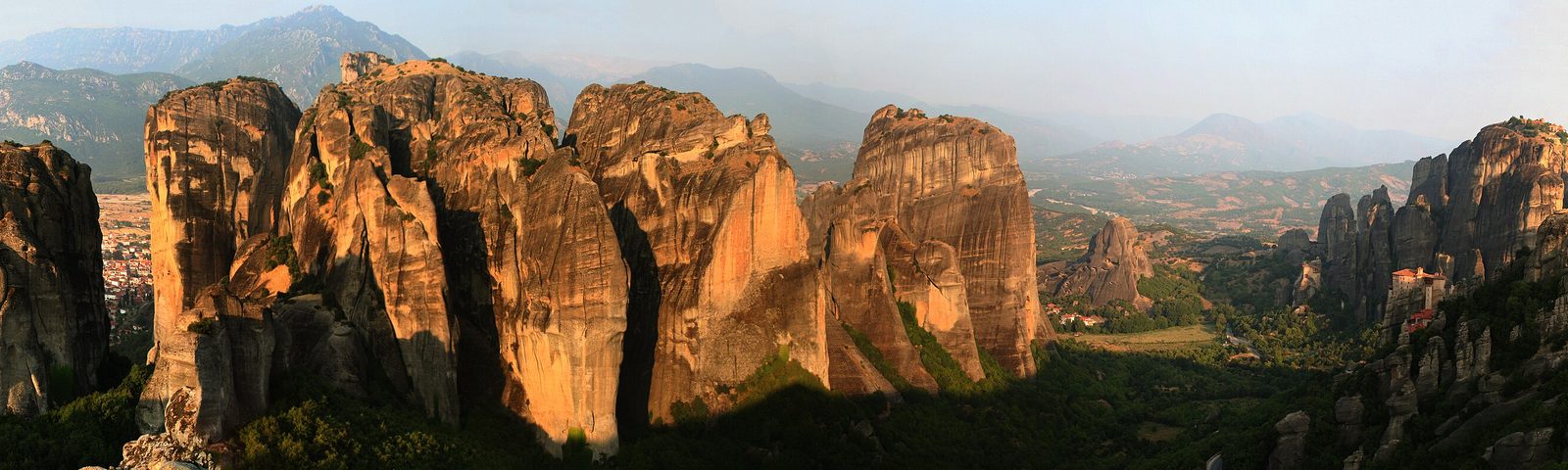 Panorama of the Meteora rocks at sunset
